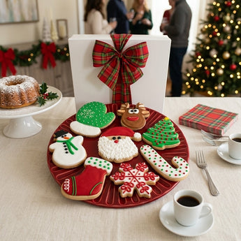 Santa's holiday iced sugar cookies on a red plate with a tartan bow gift box at a holiday open house dessert table