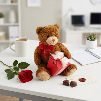 Secret Admirer Valentine's Day Gift, a brown teddy bear with a red bow holding a red gift box, on an office desk with a red rose
