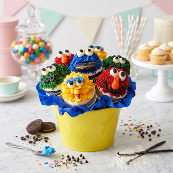 Sesame Street Cupcake Bouquet with seven character decorated cupcakes
