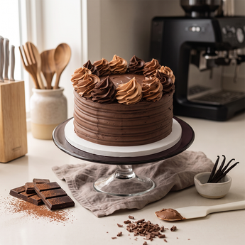 Shades of Chocolate Cake with chocolate buttercream, smooth dark chocolate icing and piped chocolate swirls