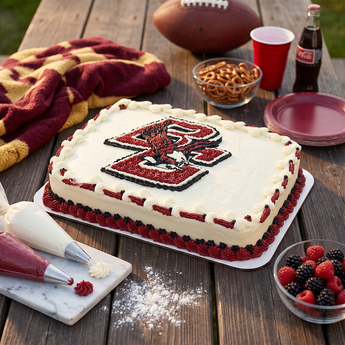 Signature Logo Cake, a buttercream sheet cake hand-decorated with a piped logo in team colors