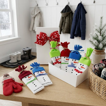 Snowman candy bars with felt hats and ribbon scarves in a white gift box on a mudroom entry bench