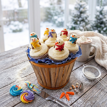 Snowman Cupcake Bouquet with seven snowman decorated winter cupcakes