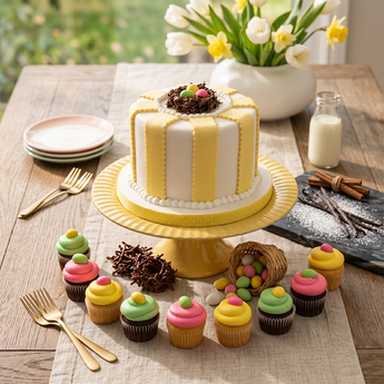Spring Bird's Nest Cake in white fondant with yellow panels, topped with a chocolate nest of colorful candy eggs