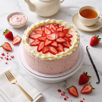 Strawberry Delight Cake with vanilla buttercream and a topping of fresh sliced strawberries