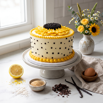 Sunburst Cake in ivory buttercream topped with a hand-crafted sunflower