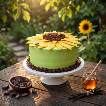 Sunflower Cake in green buttercream topped with a fondant sunflower and bees, on a garden table