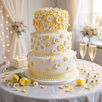 Sunshine Daisy Wedding Cake, a three-tier white fondant wedding cake with handcrafted white and yellow daisies