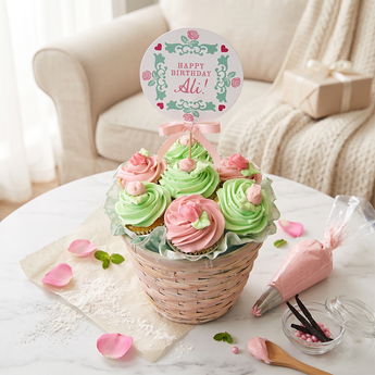 Sweet Pea Cupcake Bouquet with seven cupcakes in soft sweet pea flower frosting