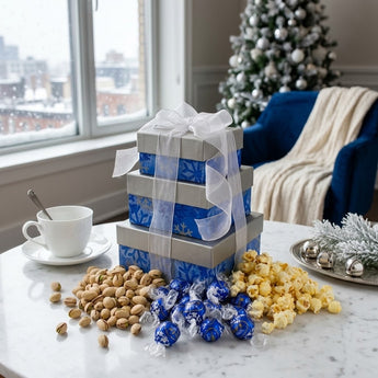 Sweet and Salty holiday gift box tower in silver and blue snowflake boxes with pistachios, blue foil truffles and popcorn on a marble side table