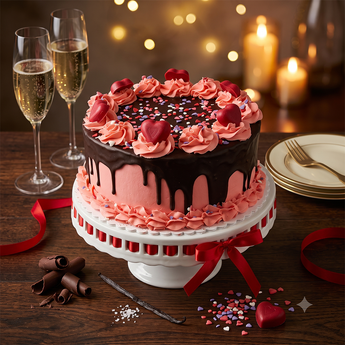 Sweetheart Chocolate Drip Cake in blush-pink buttercream with a chocolate ganache drip and piped swirls