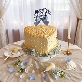 Sweetheart Heart Cake, a heart-shaped vanilla buttercream cake with piped rosettes, pearls and blue hydrangea accents