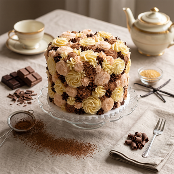 Swirl Cake covered in hand-piped chocolate, vanilla and pink buttercream swirls on a glass cake stand