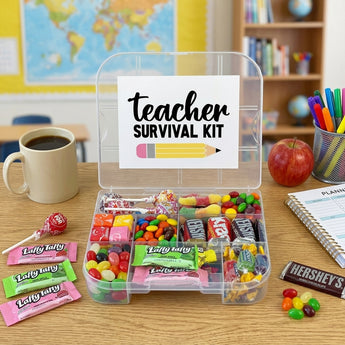 Teacher survival kit tackle box open with candy in every compartment, Laffy Taffy, Hershey's, M&M's, jelly beans and Tootsie Pops, on a teacher's desk with coffee, a planner and an apple