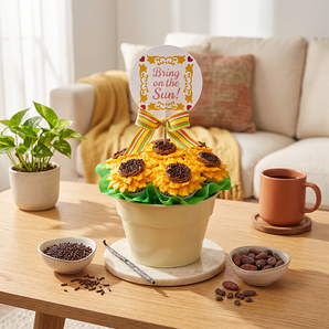 Sunflower cupcake bouquet with buttercream sunflower cupcakes in a pot, styled on a sunlit table