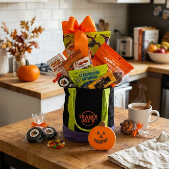 Trader Joe's Halloween tote gift with an orange satin bow on a butcher block kitchen counter, with foil wrapped chocolate dipped Oreos, jelly beans, a chocolate pumpkin lollipop, a hand iced jack o lantern cookie and a mug of hot cider