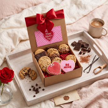 Valentine's Day Cookies and Brownies Gift Box on a breakfast tray | Boston Gift Baskets