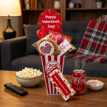 Valentine's Day Movie Night Gift Box, a popcorn box with a Valentine cookie, candy and Coca-Cola, on a living room coffee table with a red plaid blanket