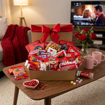 Valentine's Day snack box with a red bow, packed with red wrapped Cheez-It, Ritz Bits, Froot Loops, M&M's and Biscoff, on a coffee table with roses, cocoa mugs and a red knit throw