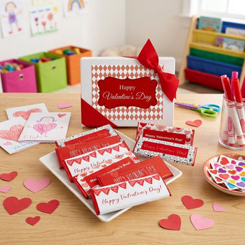 Valentine's Day Candy Bar Gift Box, Hershey bars in personalized Valentine wrappers with a white gift box and red bow, on a craft table with handmade Valentines