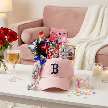 Valentine's Day Play Ball Red Sox Gift, a pink Red Sox cap filled with Godiva chocolates, Cracker Jack, Coca-Cola, baseball chocolates and candy hearts, on a coffee table with roses