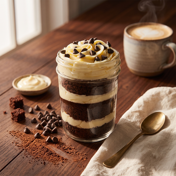 Vanilla and chocolate cupcake jar layered with chocolate cake and vanilla buttercream topped with chocolate chips