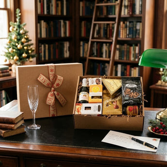 VIP Sparkling gift box with sparkling cider, truffles, shortbread, crackers and pretzels on a leather desk in a home library