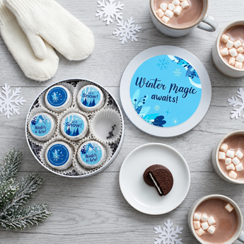 Winter chocolate covered sandwich cookie tin with hot cocoa | Boston Gift Baskets