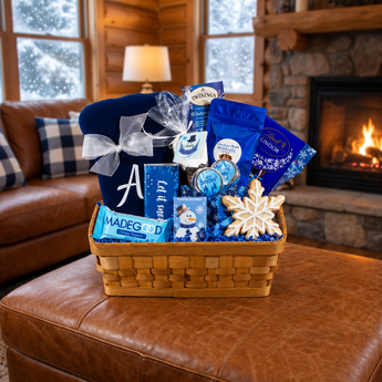 Winter Snuggles gift basket with a monogrammed navy fleece blanket, mug and winter treats, on a leather ottoman by a fireplace