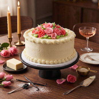 Woven in Roses Cake in ivory buttercream topped with a cluster of pink and red piped roses on a black cake stand