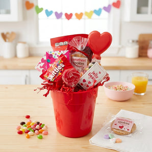 You're So Sweet Valentine's Day Bucket, a red bucket of Skittles, sweetheart cookies, jelly beans, popcorn and a heart lollipop, on a kitchen table on Valentine's morning