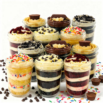 Assorted small layered cupcakes in jars with various flavors on a white background.