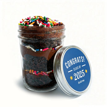 Jar of chocolate cupcake with colorful sprinkles and a customizable 'Congrats! Class of 2025' lid.