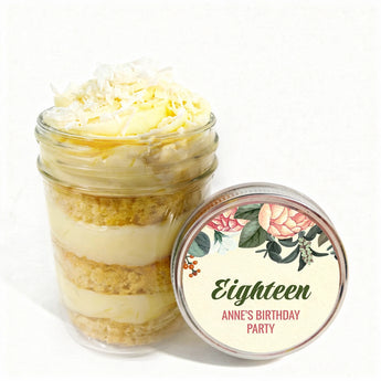 Layered cupcake dessert in a jar with a customizable floral-themed lid for a birthday party
