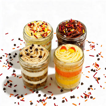 Four layered cupcake dessert jars with colorful toppings on a white background with sprinkles.