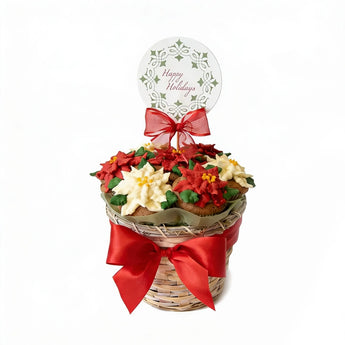 Decorative basket of cupcakes with poinsettia flowers and a 'Happy Holidays' sign on a white background