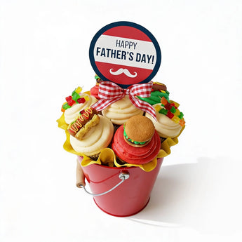 Cupcake bouquet in a red bucket with 'Happy Father's Day!' sign on a white background