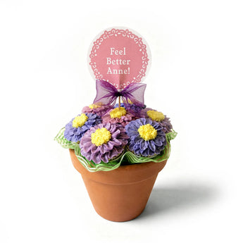 Floral arrangement in a pot with a 'Feel Better Anne!' sign on a white background