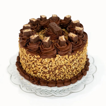 Chocolate cake topped with snickers and sprinkled peanuts on a white background