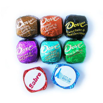 Branded Dove chocolate mini squares in assorted flavors and foils with sample logo labels