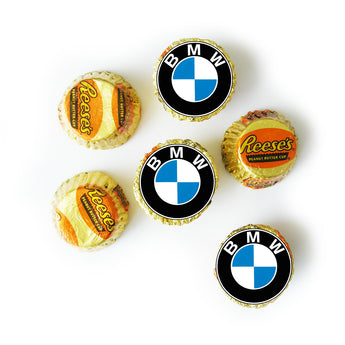 Branded Reese's miniature peanut butter cups in gold foil with round sample logo labels