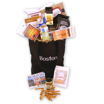 City Sidewalks Gift Basket Regular in a black Boston tote with Boston coffee, dipping pretzels, Bad Driver chocolates, jelly beans, Boston cookies, a Boston map and pretzel dip