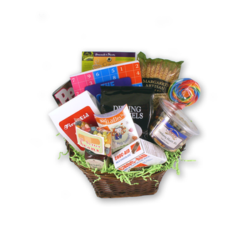 Gourmet Get Well Gift Basket Regular size in a willow basket with puzzle book, magazine, dipping pretzels, lollipop, jelly beans, Choc-Aid chocolate, cranberry health mix and crackers on a white background