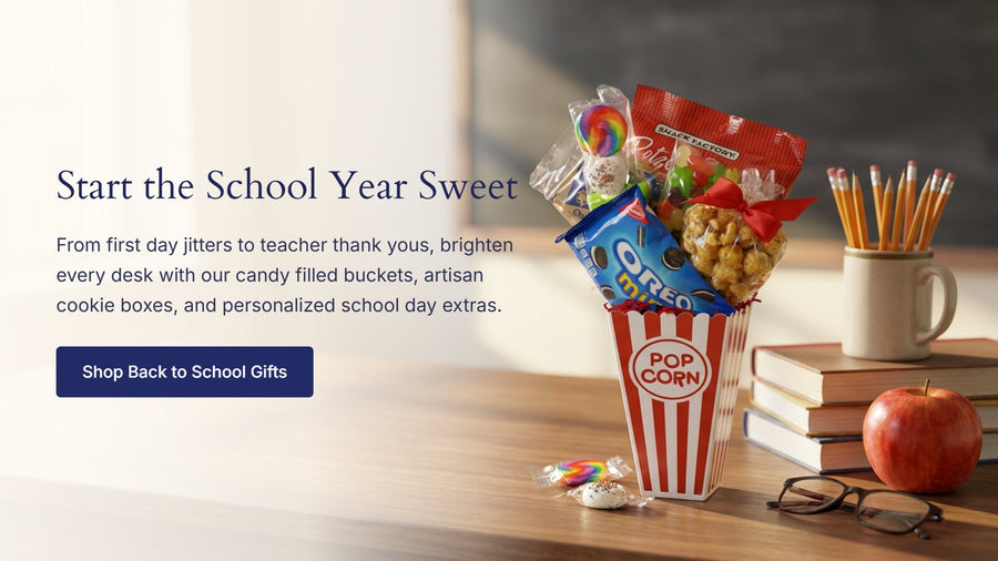 Back to school gift banner with a red and white striped popcorn bucket of candy and snacks on a teacher's desk beside books, pencils and an apple
