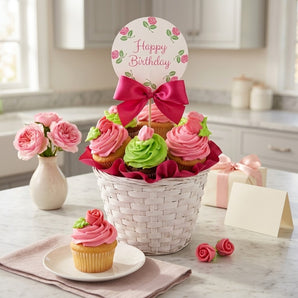 Birthday cupcake bouquet with pink and green buttercream swirls and fondant rosebuds in a whitewashed woven basket, styled on a marble counter with roses and a card