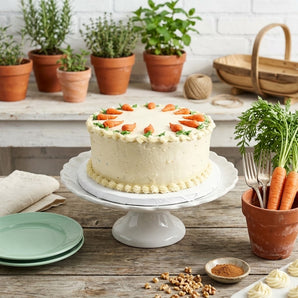 Carrot cake with cream cheese frosting and piped carrot decorations on a white pedestal stand, styled on a weathered potting bench with terracotta pots, fresh carrots and chopped walnuts