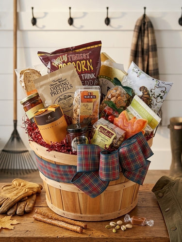 Fall Clean-up autumn gift basket in a wicker bushel with tartan ribbon, holding dipping pretzels, popcorn, chocolates, pistachios and preserves, styled on a mudroom bench with work gloves and boots
