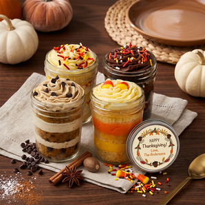 Four fall cupcake jars with caramel, chocolate and candy corn layers, styled on a linen runner with white pumpkins, cinnamon sticks and star anise