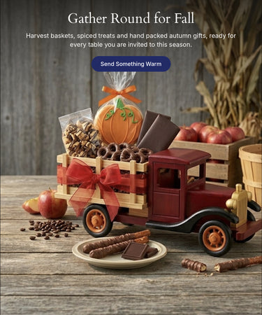 Farm Truckload of Fall Goodies gift basket on a red wooden toy truck, mobile hero banner