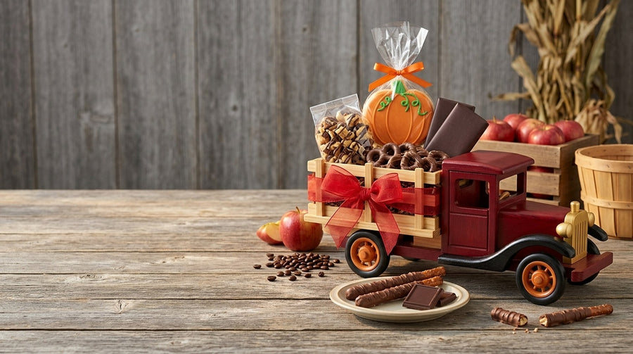Farm Truckload of Fall Goodies, a red wooden truck filled with a pumpkin cookie, pretzels and chocolate, on a rustic barnwood table with apples and corn stalks